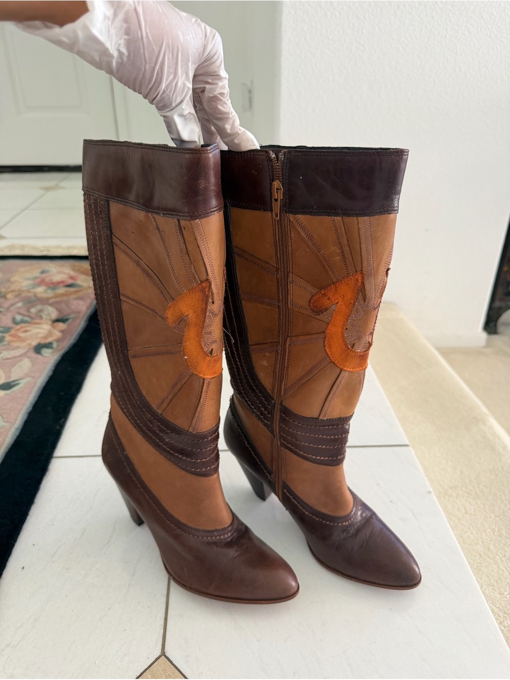 True Religion Two-Tone Brown & Tan Mid-Calf Heeled Boots - Picture 2 of 10
